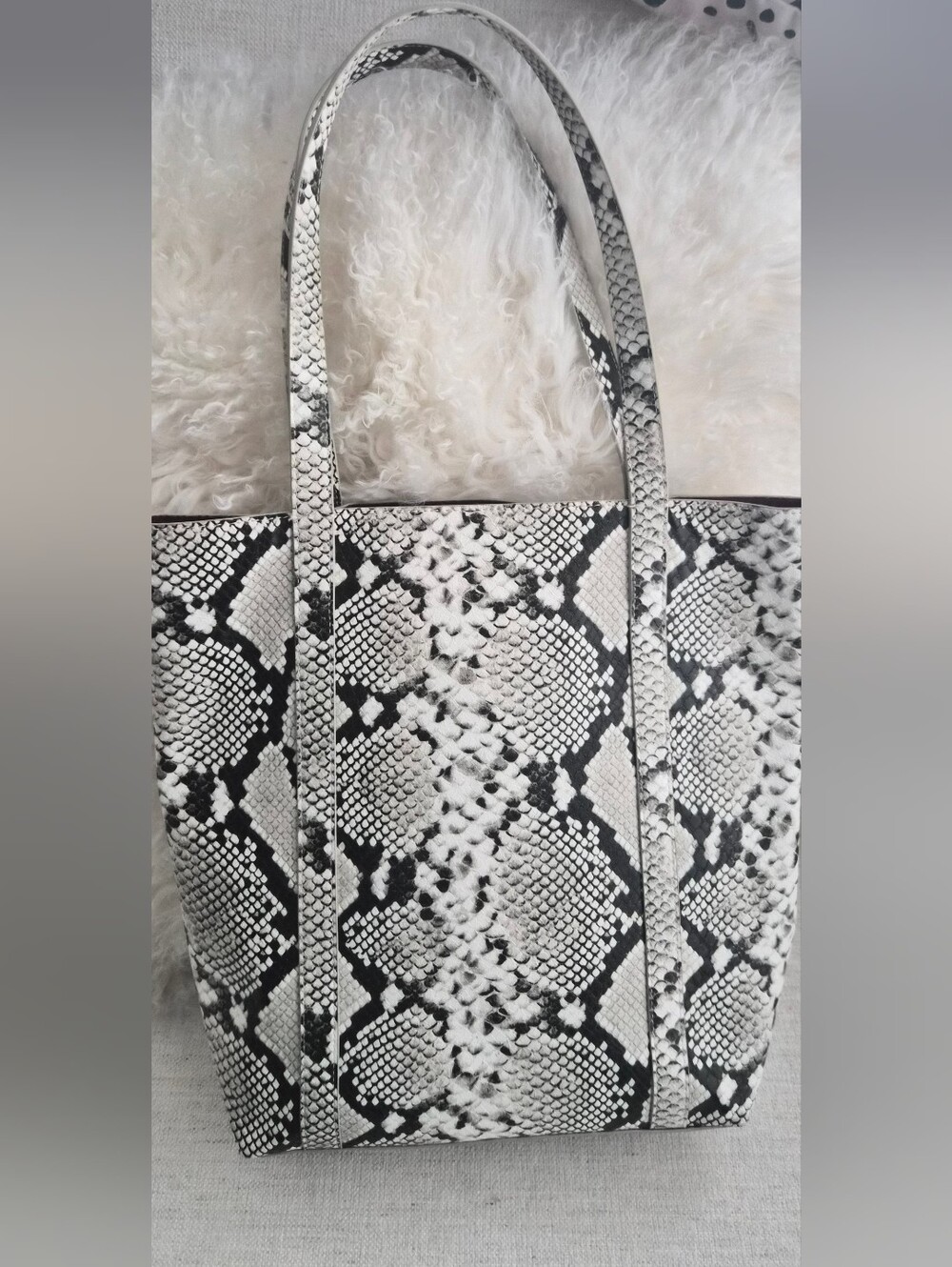 Black White Python Snake Print Tote Bag Burgundy Interior